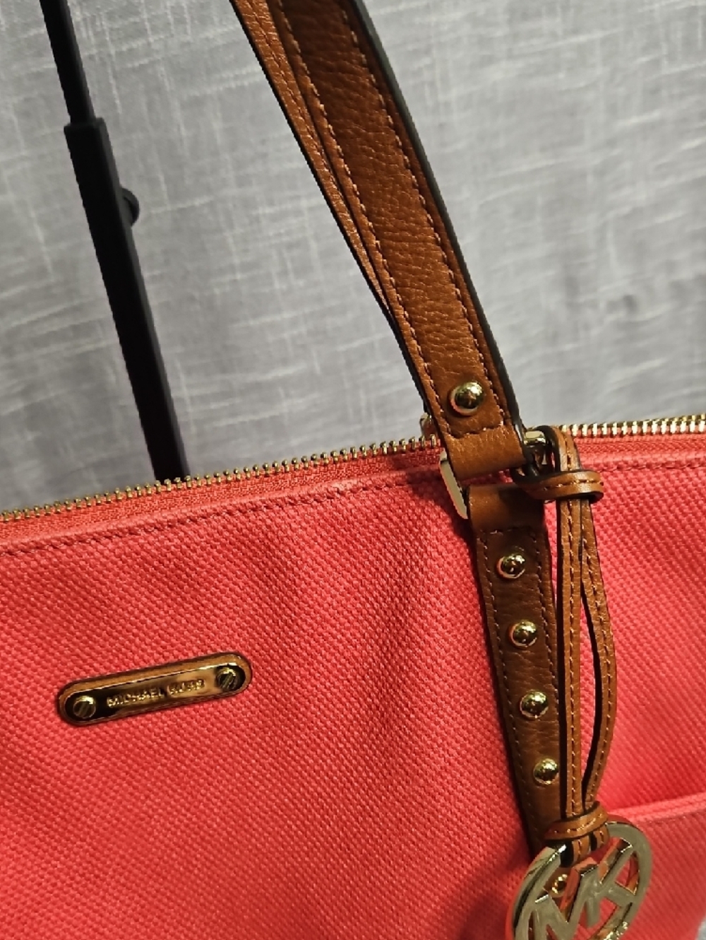 Michael Kors Coral Canvas Tote with Tan Leather Trim and MK Charm - Picture 15 of 15